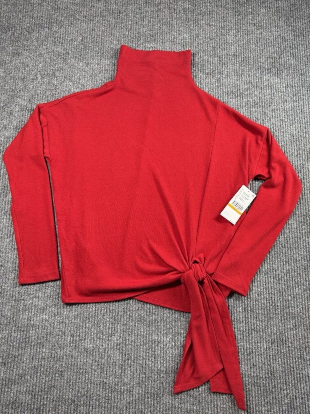 Karen Kane Top Womens Small Red Mock Neck Tie Hem Long Sleeve Knit USA Made NEW